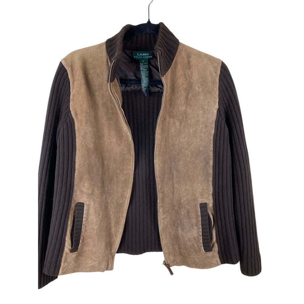 Lauren Ralph Lauren Suede Leather Knit Jacket Quiet Luxury Equestrian Cashmere L